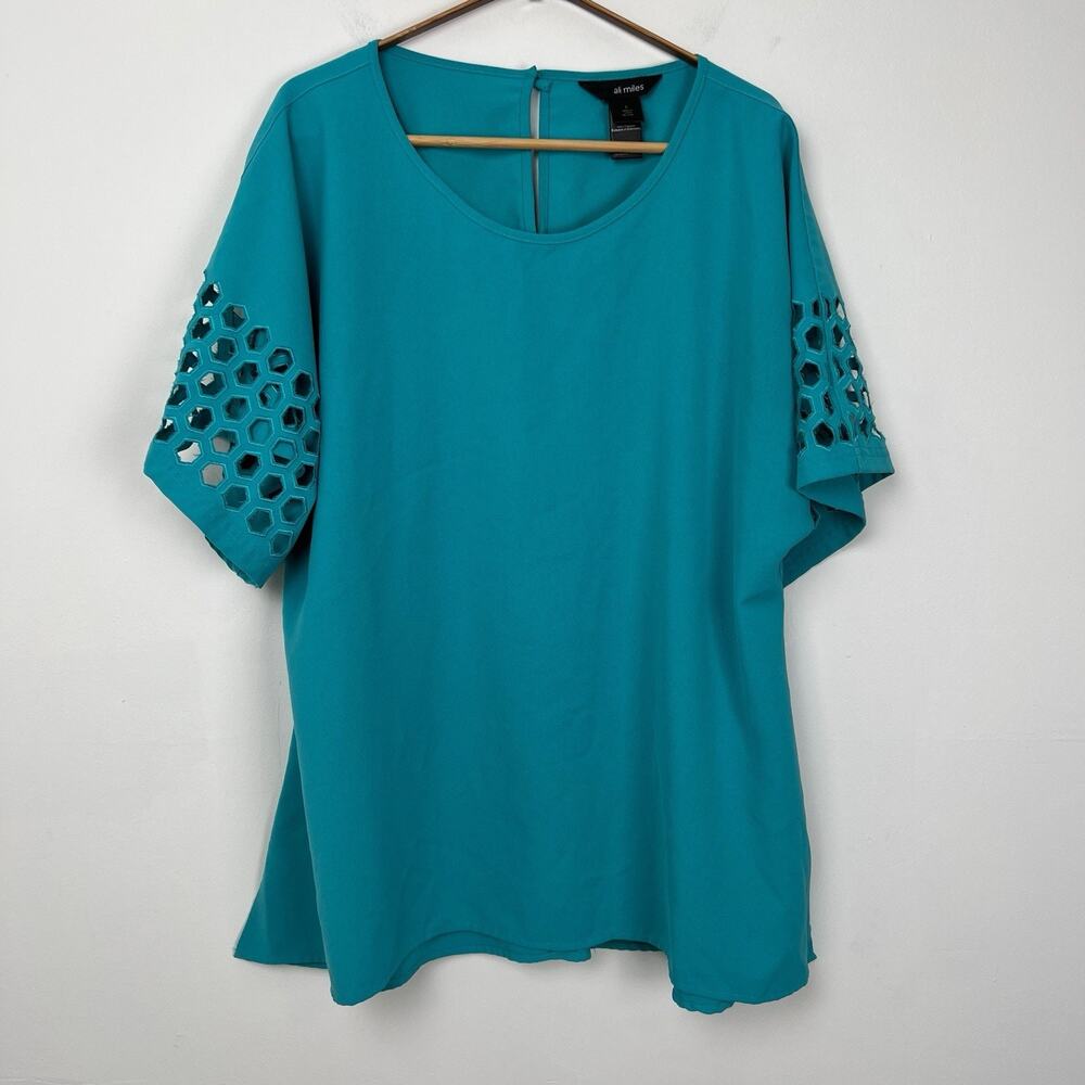 Ali Miles Shirt Women L Blue Green Teal Boxy Art to Wear Eyelet Hexagon‎ Cutout